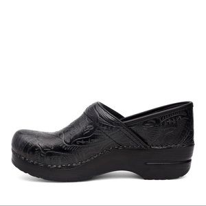 Black leather clogs